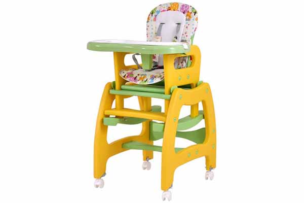 GHP Yellow & Green PP & Fabric Multi-functional Baby High Chair with Lockable Wheels