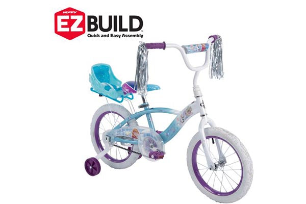 Huffy Disney Frozen 16" EZ Build Girls Bike with Sleigh Doll Carrier, White/Blue