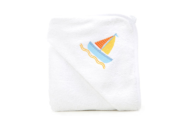 Junior Joy White Embroidered Baby Hooded Towel - Boat