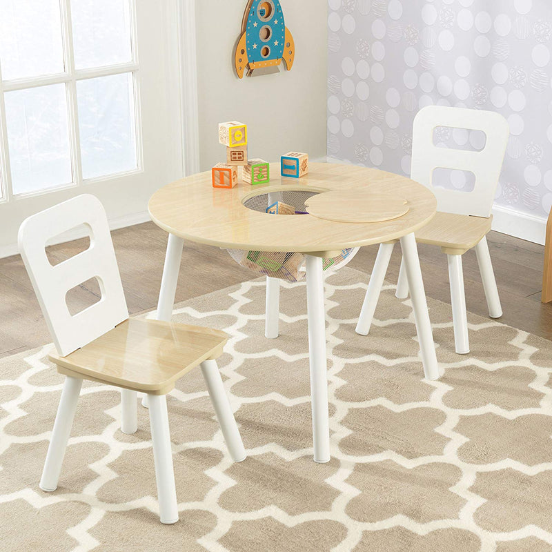 KidKraft Round Storage Table & 2 Chair Set, White/Natural