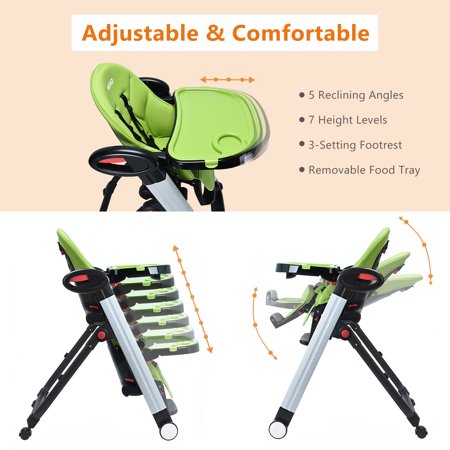 HEAO Foldable High Chair Reclining Height Adjustable 4 Wheels Green