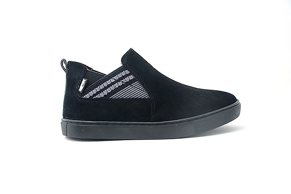 Venettini 55-Bolton Black Suede Slip-On Sneakers with Grey Elastic