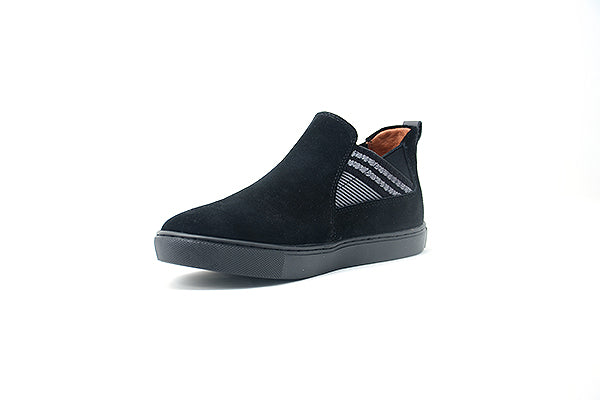 Venettini 55-Bolton Black Suede Slip-On Sneakers with Grey Elastic