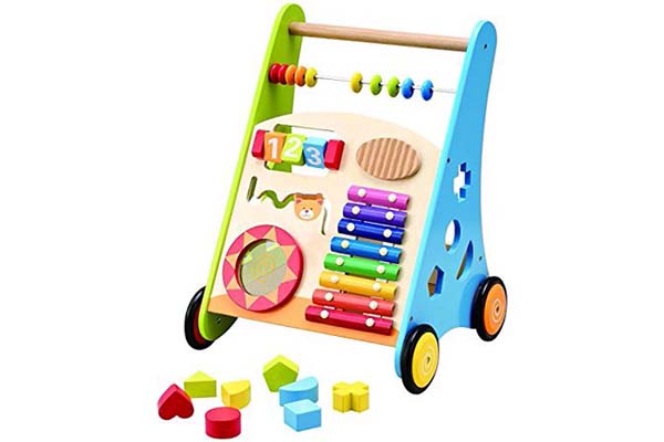 Pidoko Kids Block and Roll Cart - Wooden Push and Pull Baby Walker with Multiple Activity Centre