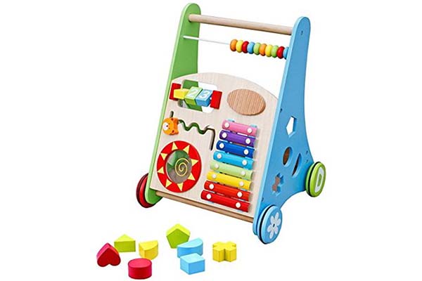 Pidoko Kids Block and Roll Cart - Wooden Push and Pull Baby Walker with Multiple Activity Centre